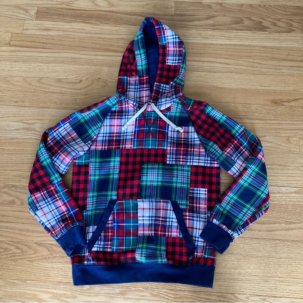 Lands' End Red Blue Green Plaid Hoodie Hooded Sweatshirt - Small